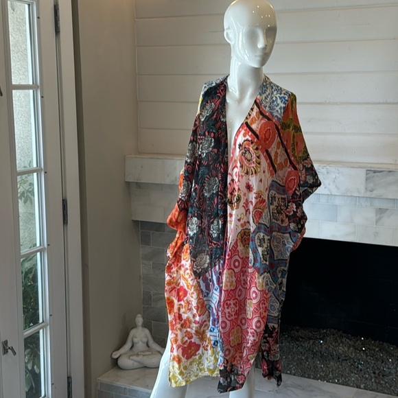 Jackets & Blazers - Boho Mixed Multicolored Print Semi Sheer Short Sleeve Open Kimono Jacket OS